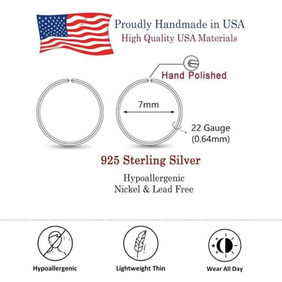 7mm Small Sterling Silver Cartilage Nose Hoop Earrings for Women - Picture 2 of 10